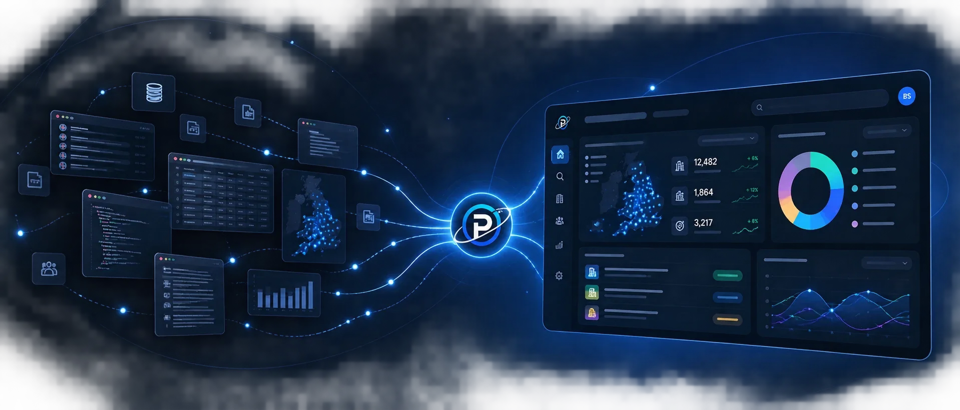 Concept illustration: scattered spreadsheets, documents and reports flow through the Prospect Orbit mark into a single, clear dashboard of businesses and market trends.