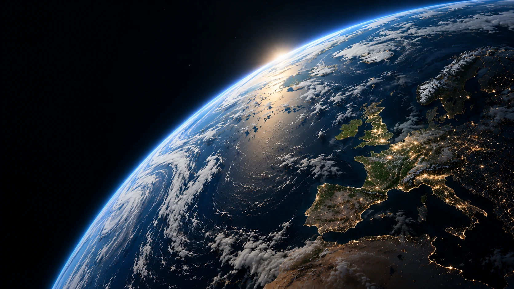 Earth viewed from space beneath a deep blue sky