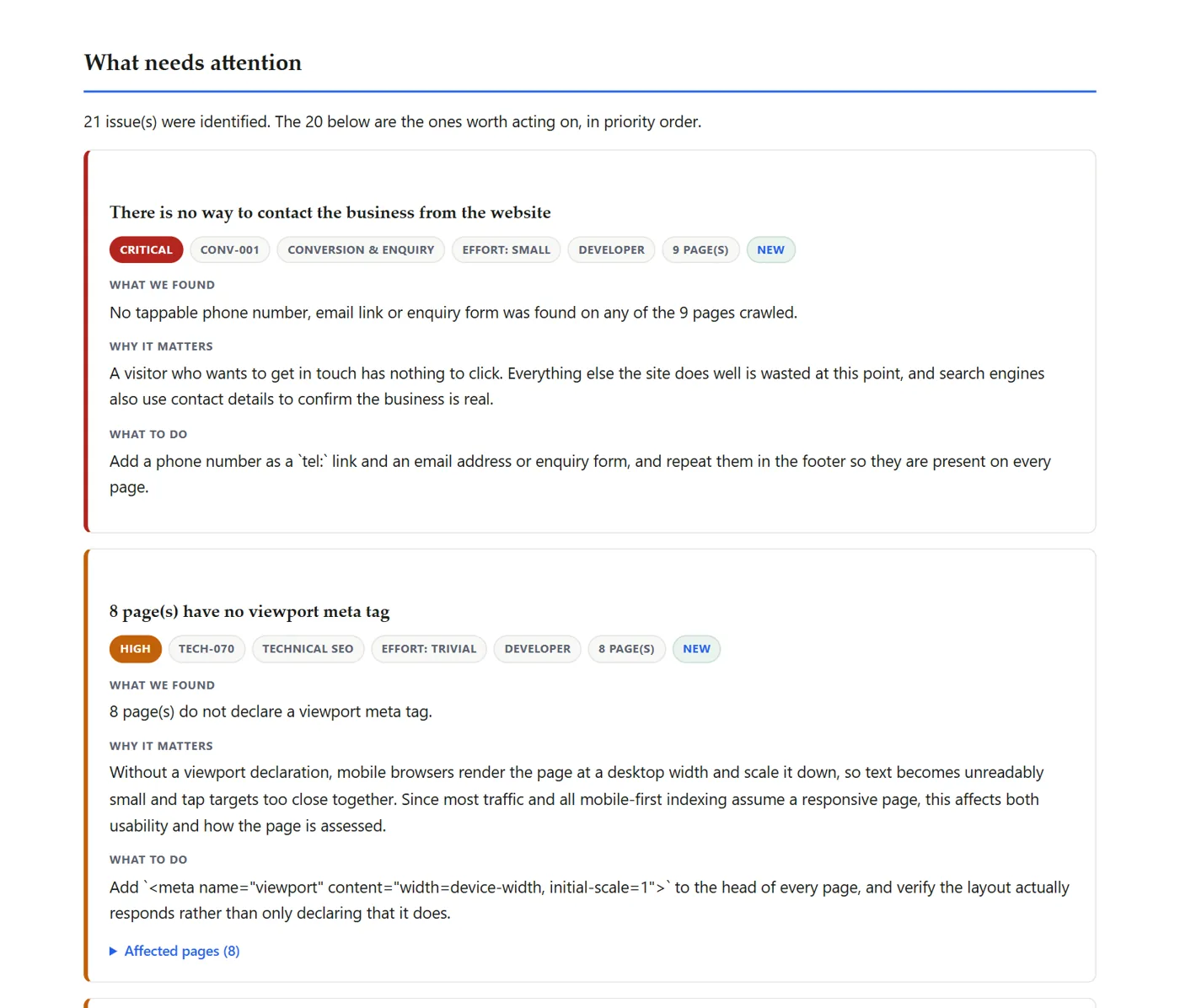 A finding from the sample audit: there is no way to contact the business from the website, marked critical, with what was found, why it matters and what to do.