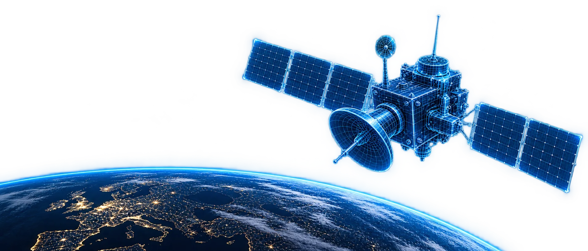 A glowing technical satellite orbiting above Earth at night