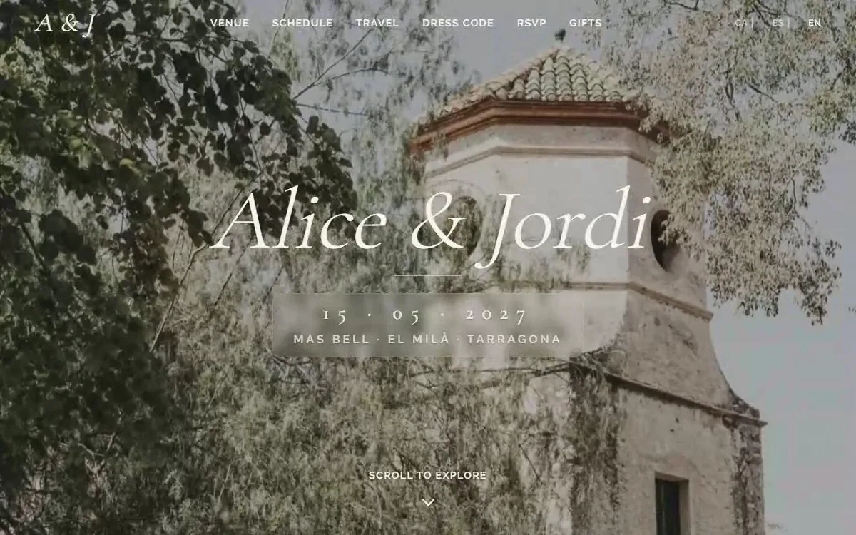 The Alice and Jordi wedding website homepage at Mas Bell