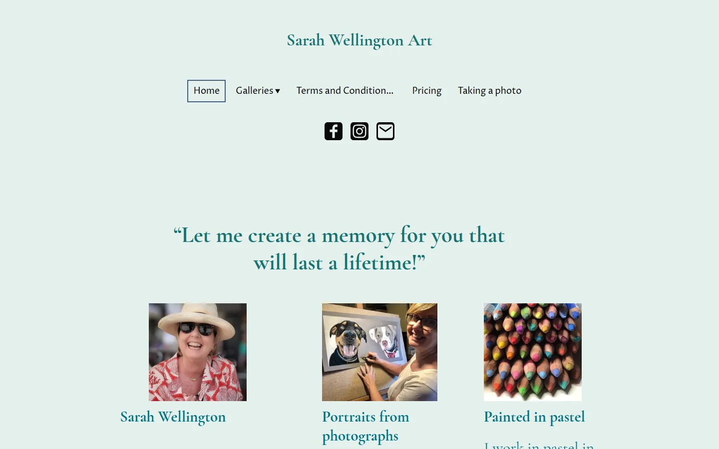 The former Sarah Wellington Art homepage, with a pale blue layout and three-column gallery